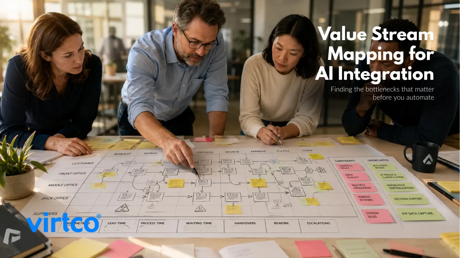 Business leaders mapping a value stream and identifying process bottlenecks before implementing AI and automation initiatives.