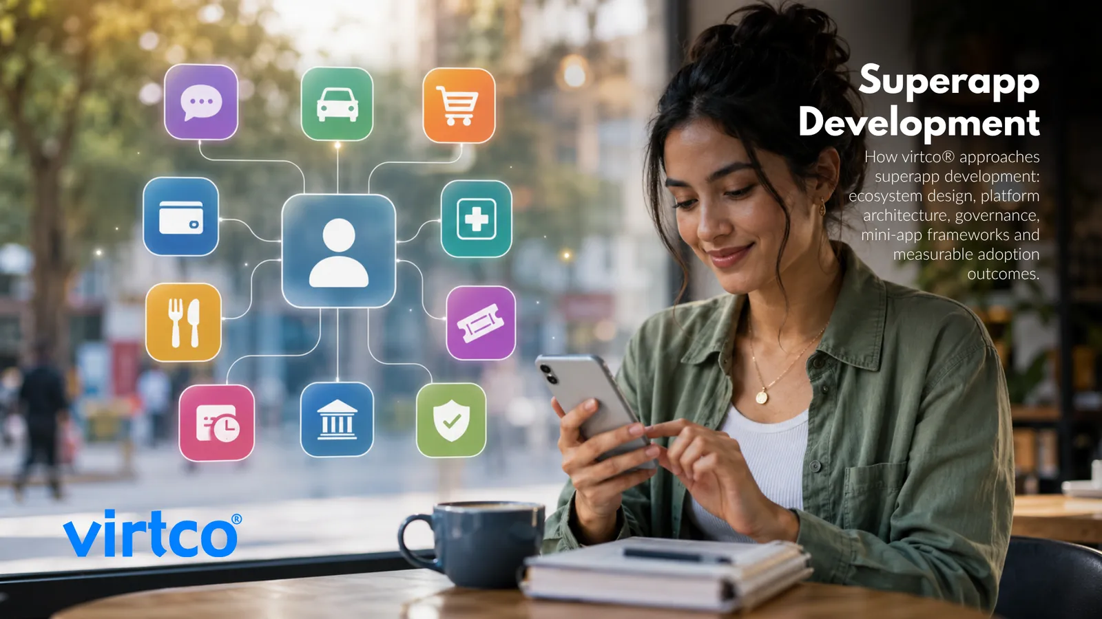 Diagram-style representation of enterprise superapp and mini-app ecosystem with governance and mini-app framework