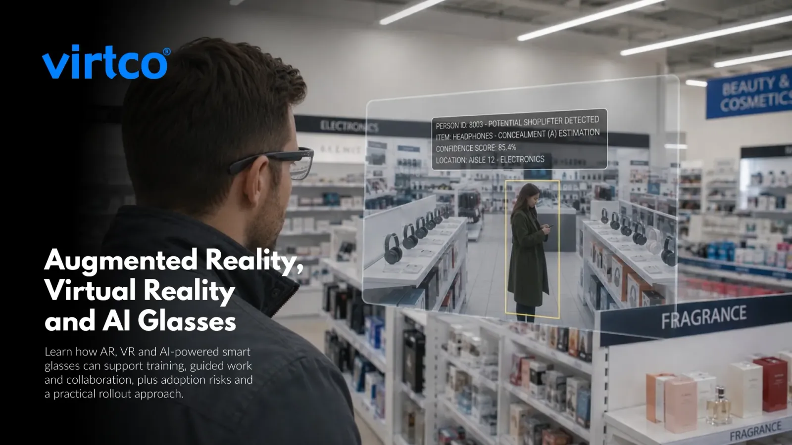 Illustration of AR guidance and VR training in a digital workplace setting