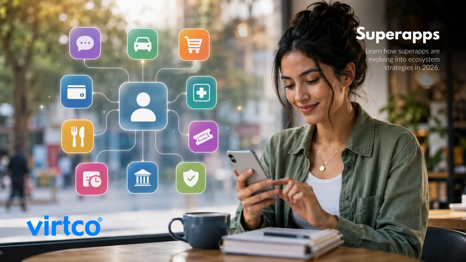 Illustration of a superapp ecosystem orchestrating mini-apps and AI-assisted journeys