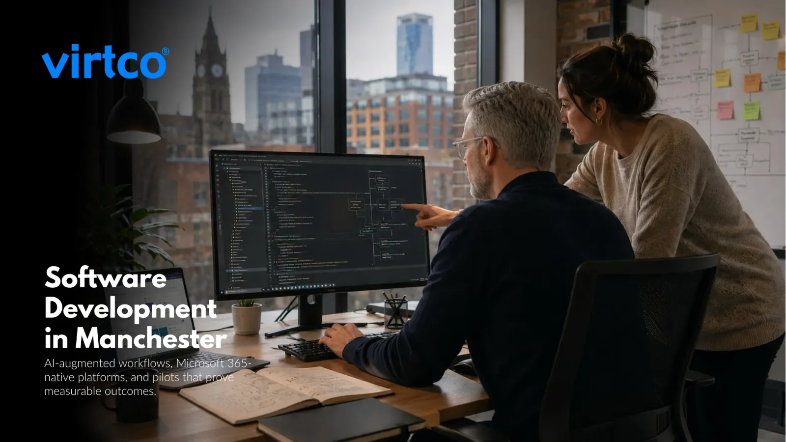 Illustration representing bespoke software development and AI-augmented business systems in Manchester