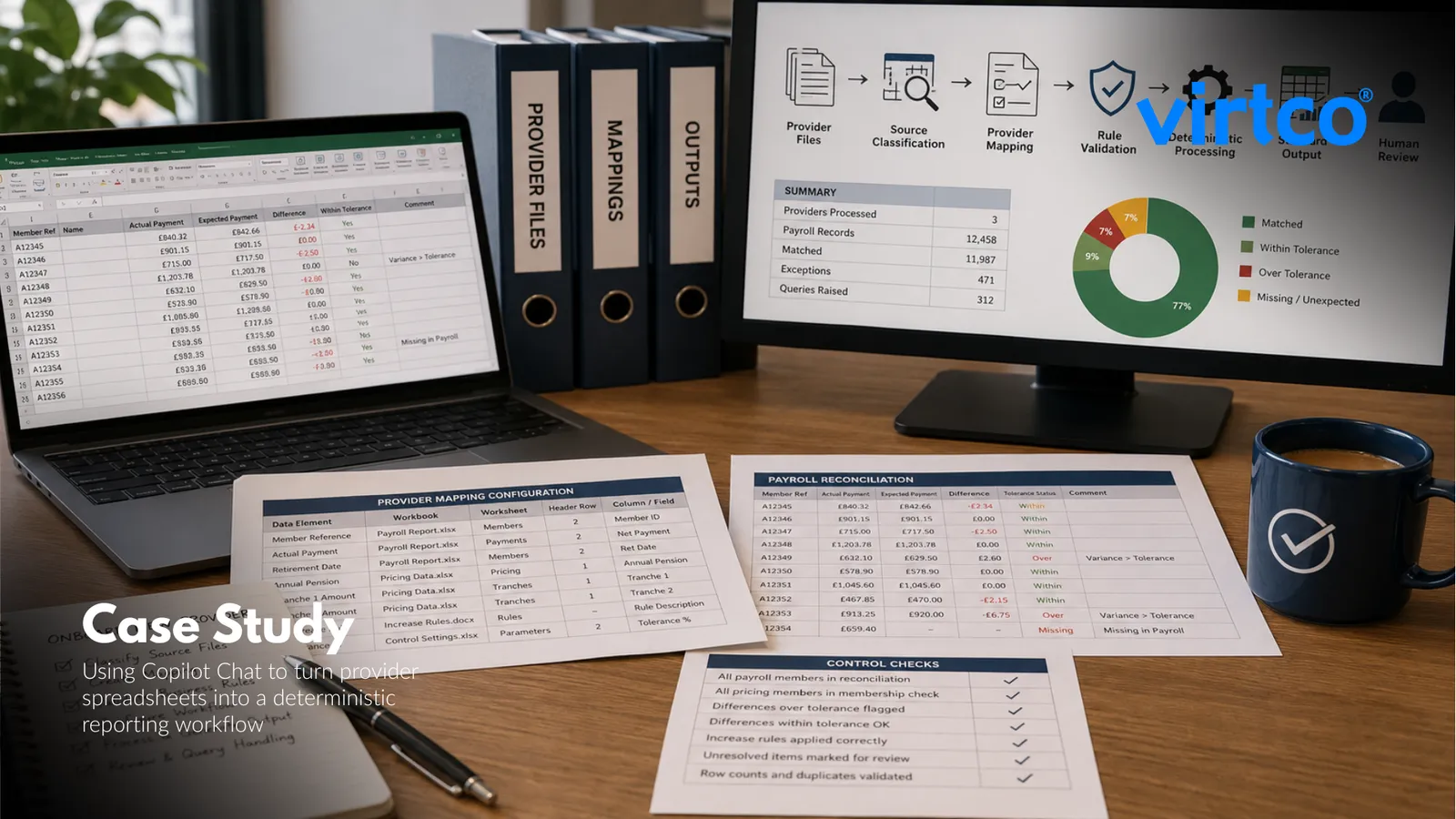 Copilot Chat and deterministic workflow mapping provider spreadsheets into standard reports
