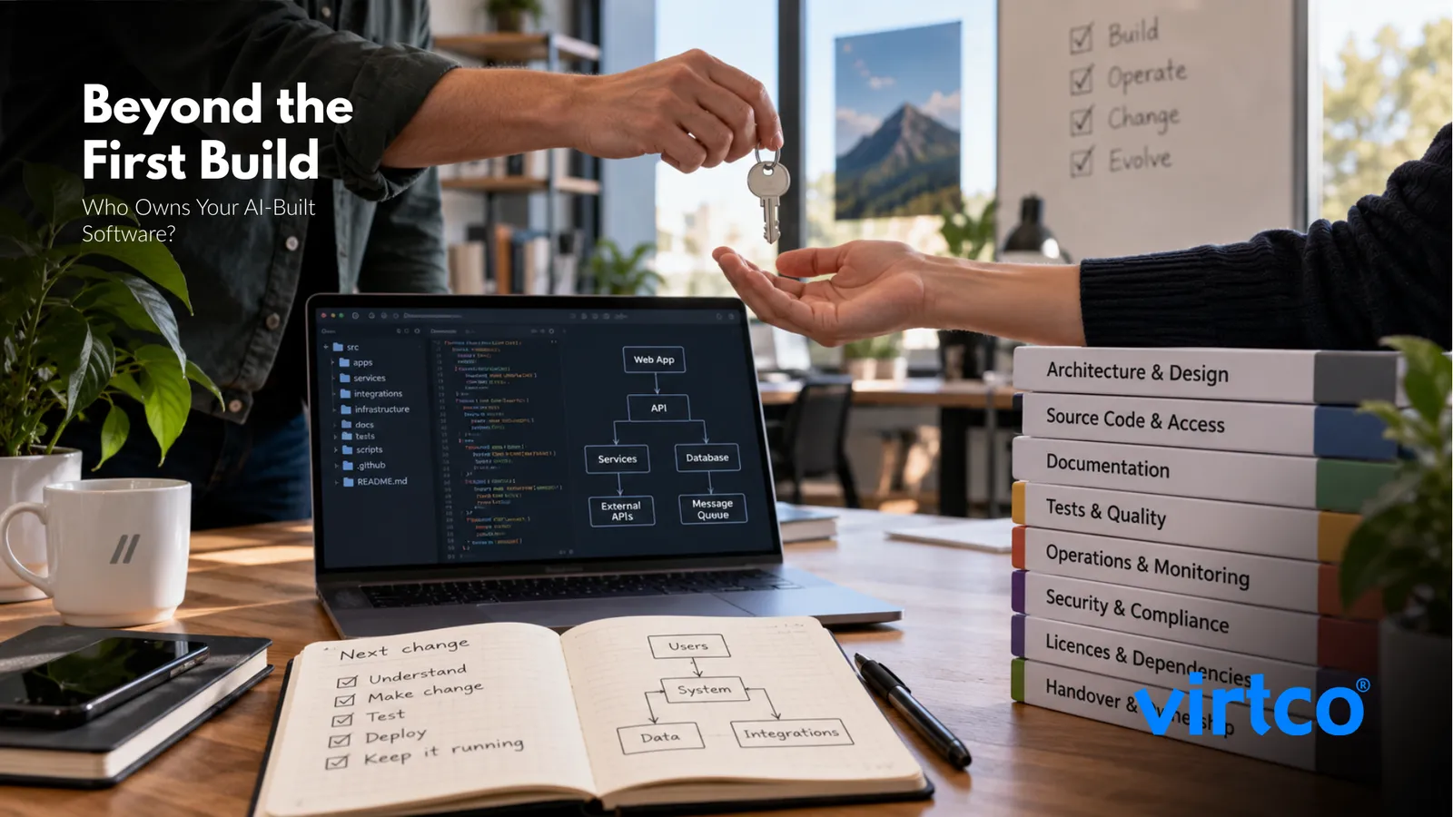 Team reviewing ownership, maintenance and handover of AI-built software