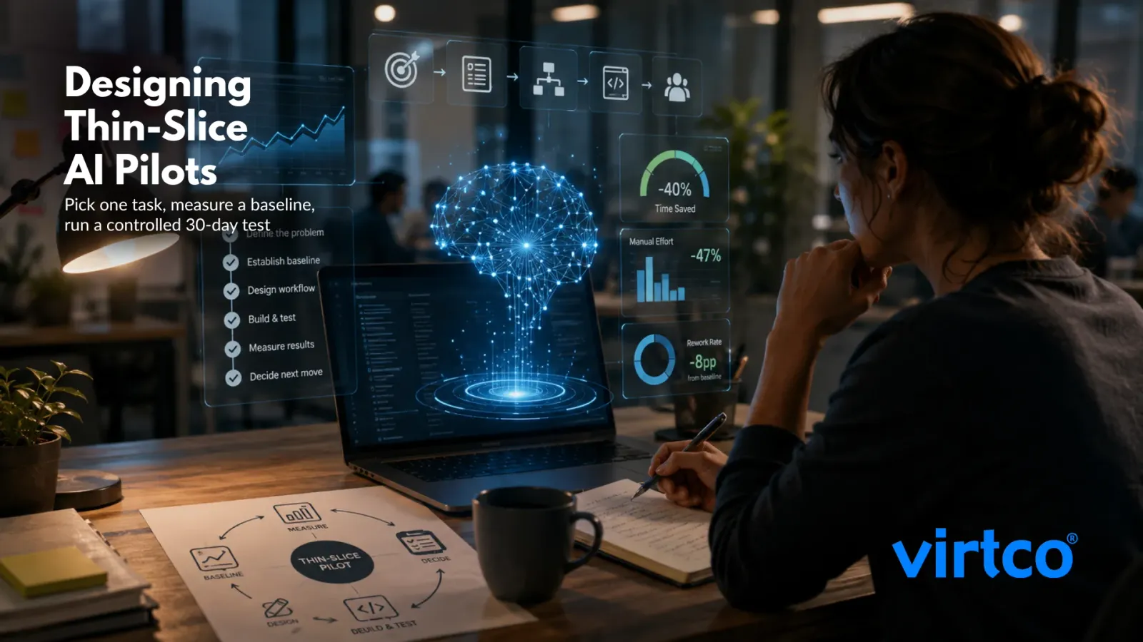 Team designing a thin-slice AI pilot with a 30-day evidence plan